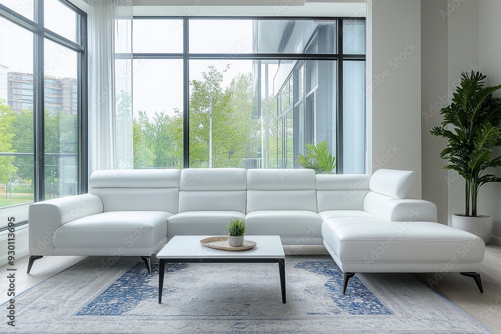 Modern Living Room with White Sectional Sofa and Large Windows Modern Living Room with White Sectional Sofa and Large Windows