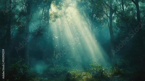 Mystical shards of light piercing through a veil of fog in a dense, enchanted forest, creating a magical atmosphere.