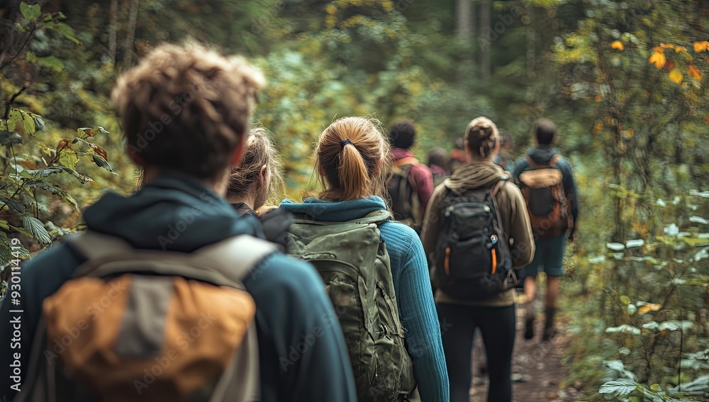 Hikers with backpacks walk through a forest. Hikers with backpacks walk through a forest.