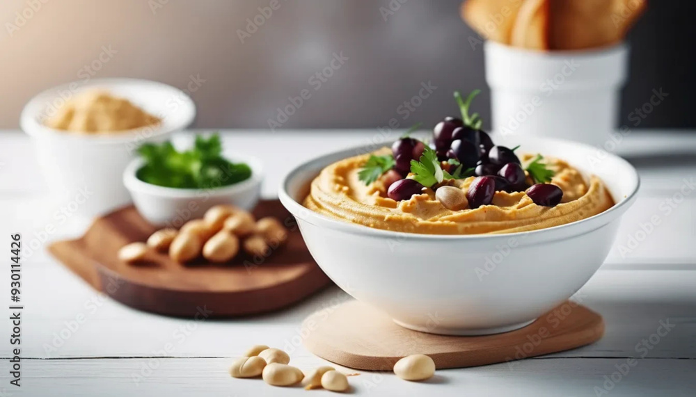 Classic hummus in a white bowl. Close up Classic hummus in a white bowl. Close up