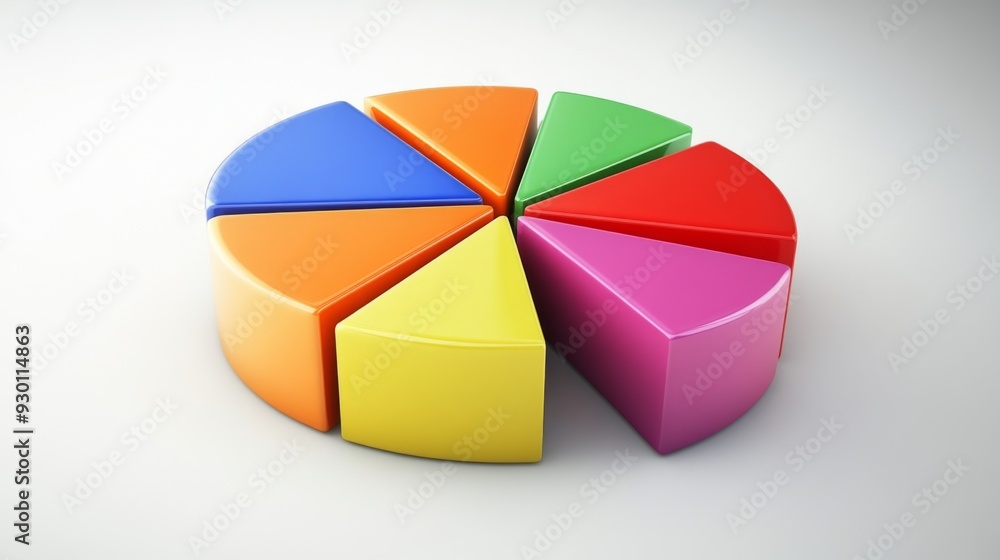 Fototapeta premium A dynamic 3D pie chart with segments in various bright colors, each section floating slightly above a white surface, symbolizing data analysis and statistics.