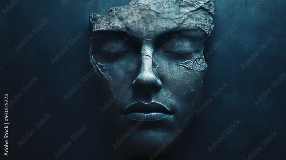 A face made of metal and stone is shown in a dark blue background A face made of metal and stone is shown in a dark blue background
