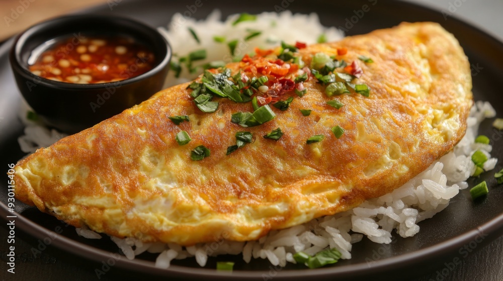 A golden omelette on a bed of rice shot up close, with crispy edges and soft center, served with a side of spicy dipping sauce. A golden omelette on a bed of rice shot up close, with crispy edges and soft center, served with a side of spicy dipping sauce.