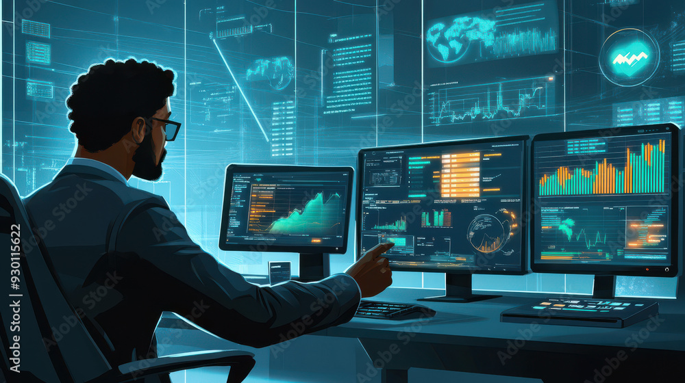 Data Analyst utilizing Data Analytics KPI software, monitoring data streams and optimizing processes in a high-tech office setting Data Analyst utilizing Data Analytics KPI software, monitoring data streams and optimizing processes in a high-tech office setting
