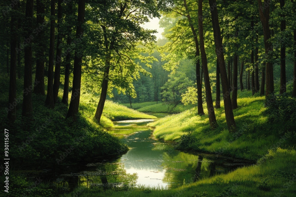 Obraz premium A serene forest landscape featuring lush greenery, a tranquil river, and soft sunlight filtering through the leaves.