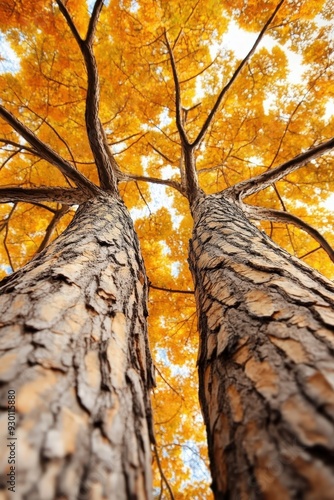 A stunning view of tall trees with vibrant orange leaves, showcasing the beauty of autumn from a unique upward perspective. photo