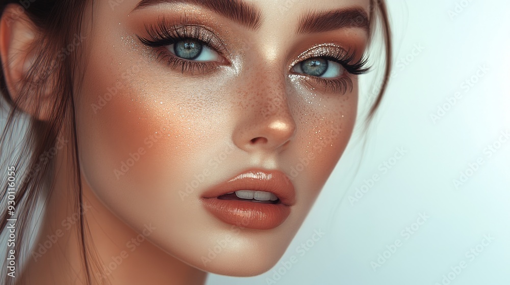A high-resolution portrait of a woman with glamorous makeup, including shimmering eyeshadow and expertly sculpted brows, exuding confidence and sophistication. A high-resolution portrait of a woman with glamorous makeup, including shimmering eyeshadow and expertly sculpted brows, exuding confidence and sophistication.