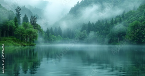 Picturesque Forest and Lake with Fog