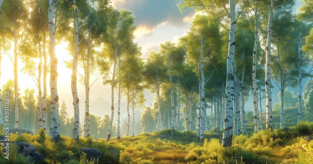 Obraz premium A picturesque forest scene with sunlight filtering through the trees