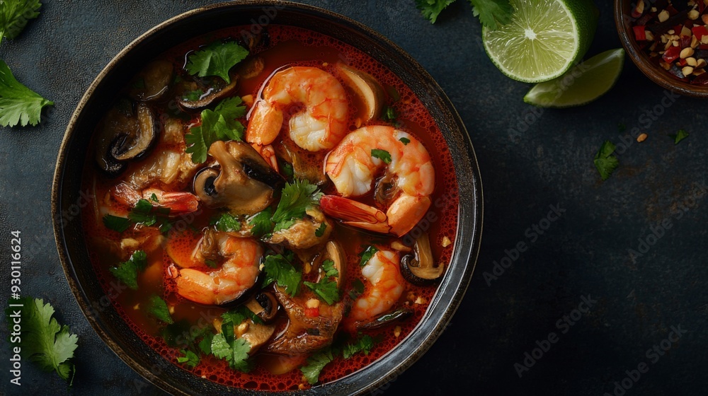 A hot bowl of Tom Yum Goong shot from above, with fresh prawns, mushrooms, lime leaves, and a rich, spicy broth glistening under the light. A hot bowl of Tom Yum Goong shot from above, with fresh prawns, mushrooms, lime leaves, and a rich, spicy broth glistening under the light.