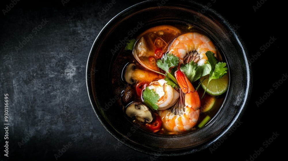 A hot bowl of Tom Yum Goong shot from above, with fresh prawns, mushrooms, lime leaves, and a rich, spicy broth glistening under the light. A hot bowl of Tom Yum Goong shot from above, with fresh prawns, mushrooms, lime leaves, and a rich, spicy broth glistening under the light.
