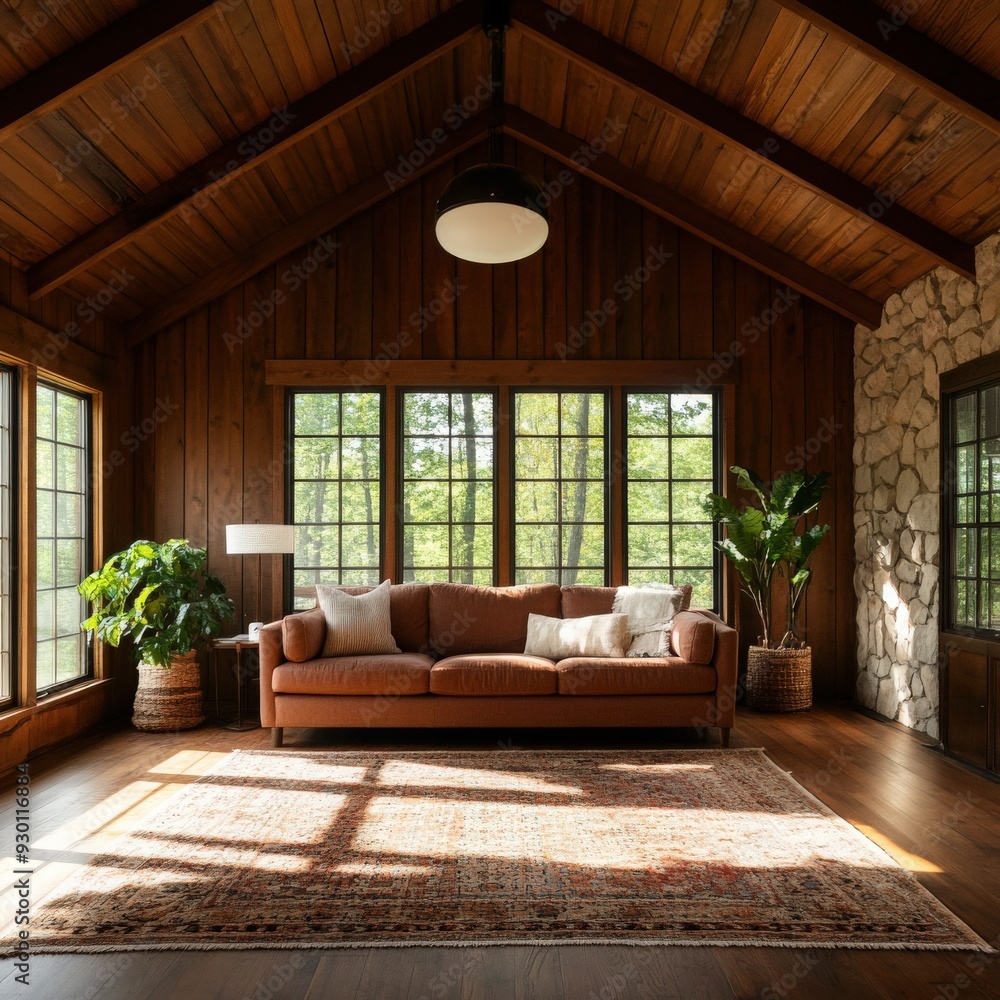 Cozy living room featuring wooden accents, a plush couch, and natural light coming through large windows. Cozy living room featuring wooden accents, a plush couch, and natural light coming through large windows.