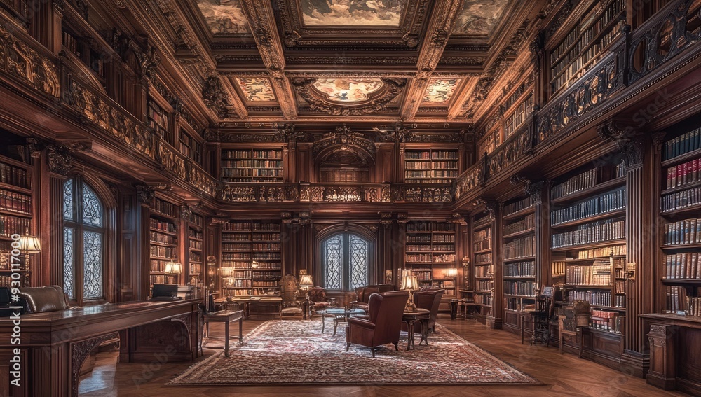 Ornate library with bookshelves and leather chairs. Ornate library with bookshelves and leather chairs.