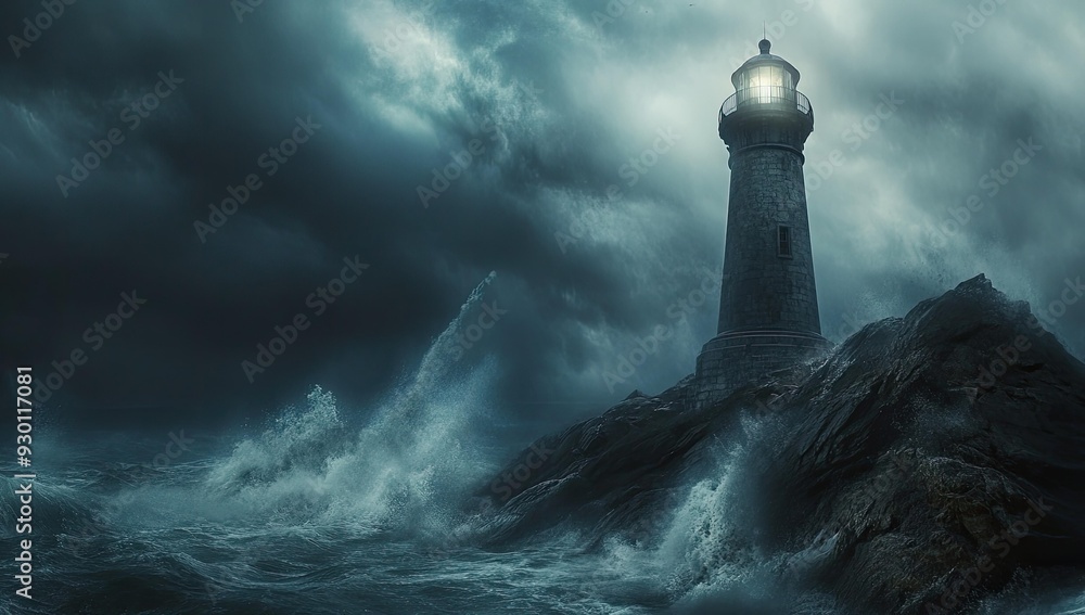 Lighthouse on rocky coast during stormy sea. Lighthouse on rocky coast during stormy sea.