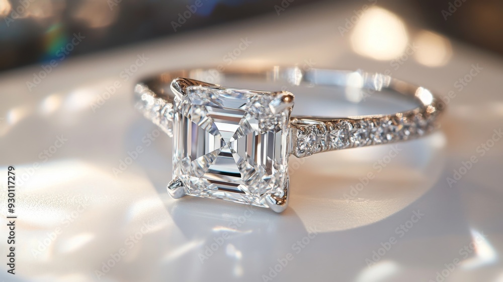 A radiant diamond ring placed on a clean white surface, with the stone's intricate cuts and sparkle taking center stage. A radiant diamond ring placed on a clean white surface, with the stone's intricate cuts and sparkle taking center stage.