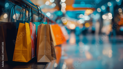 Shopping bags of various colors hang on a railing in a shopping mall. Blurred lights and the store's interior are visible in the background