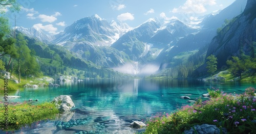 Idyllic Mountain Landscape, Serene Lake