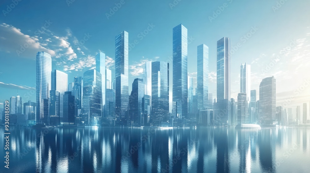 Fototapeta premium Futuristic smart city with towering skyscrapers and sleek architecture, representing a modern financial district.