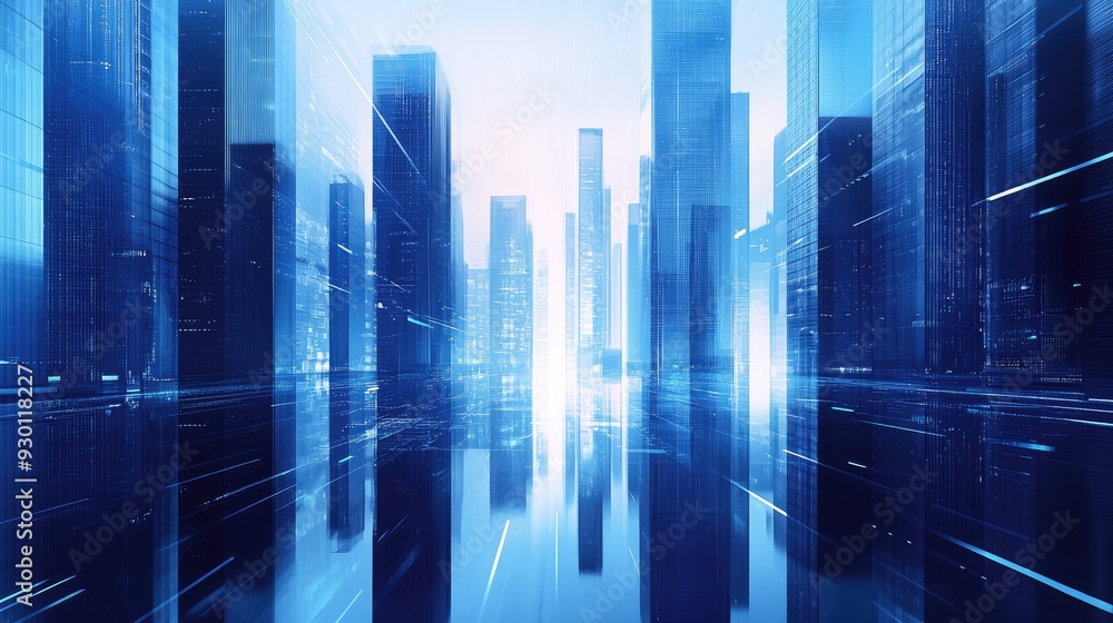 Graphic perspective of smart city skyscrapers, with futuristic design and reflections, creating a corporate and modern aesthetic Graphic perspective of smart city skyscrapers, with futuristic design and reflections, creating a corporate and modern aesthetic