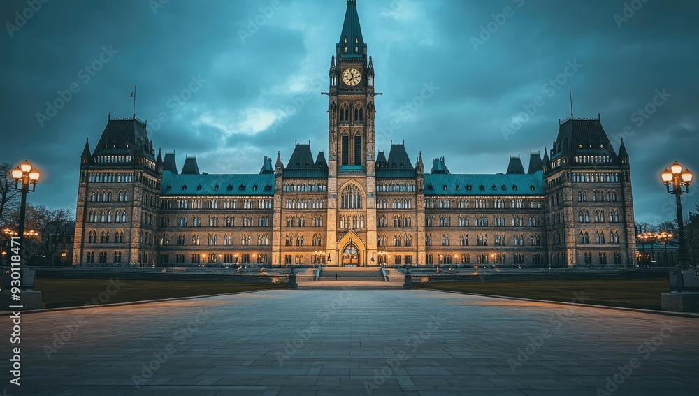 Naklejka premium Parliament building at dusk with cobblestones.