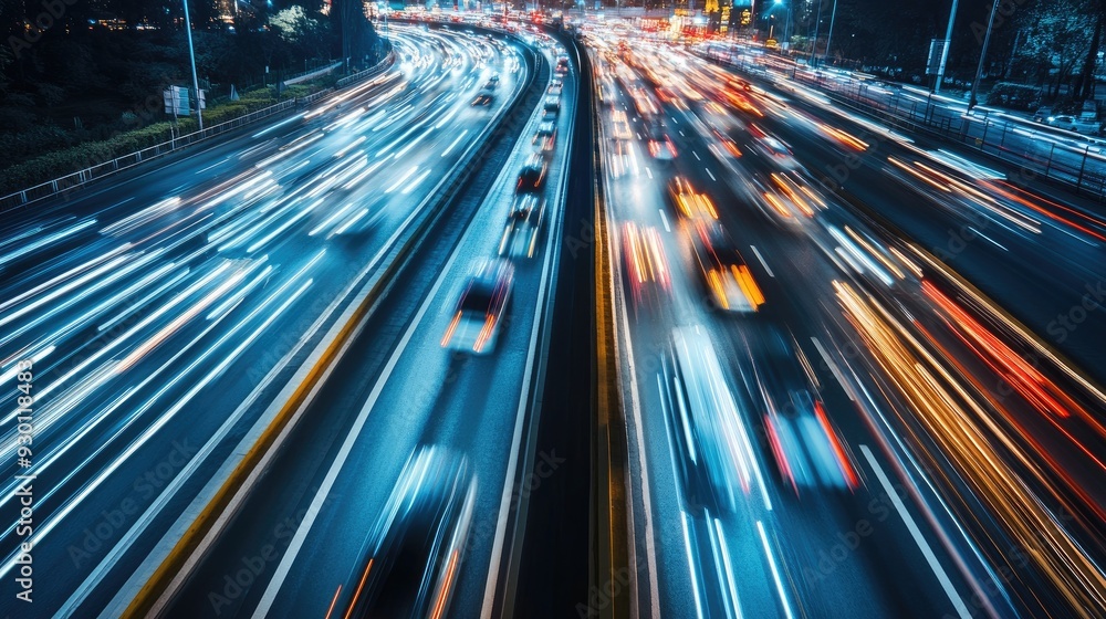 High-speed traffic on a city highway during evening rush hour, with car headlights creating abstract light trails. High-speed traffic on a city highway during evening rush hour, with car headlights creating abstract light trails.