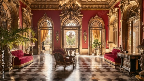 Wallpaper Mural Opulent room with checkered floor, ornate furniture and large windows. Torontodigital.ca