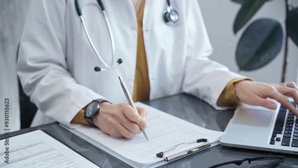 Doctor woman is working on laptop with medical reports. Healthcare professional reviews patient files and inputs data in a clinic setting. Medicine Doctor woman is working on laptop with medical reports. Healthcare professional reviews patient files and inputs data in a clinic setting. Medicine
