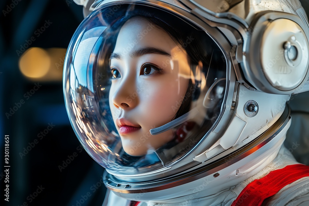asian young female astronaut woman wearing a spacesuit and space helmet asian young female astronaut woman wearing a spacesuit and space helmet