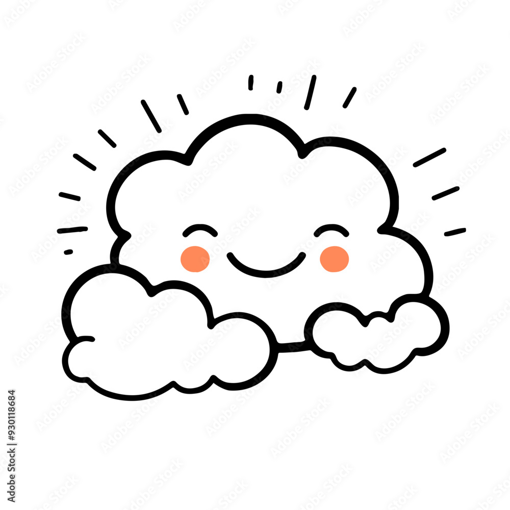 A cute, smiling cloud with a happy expression and rays of light around it A cute, smiling cloud with a happy expression and rays of light around it