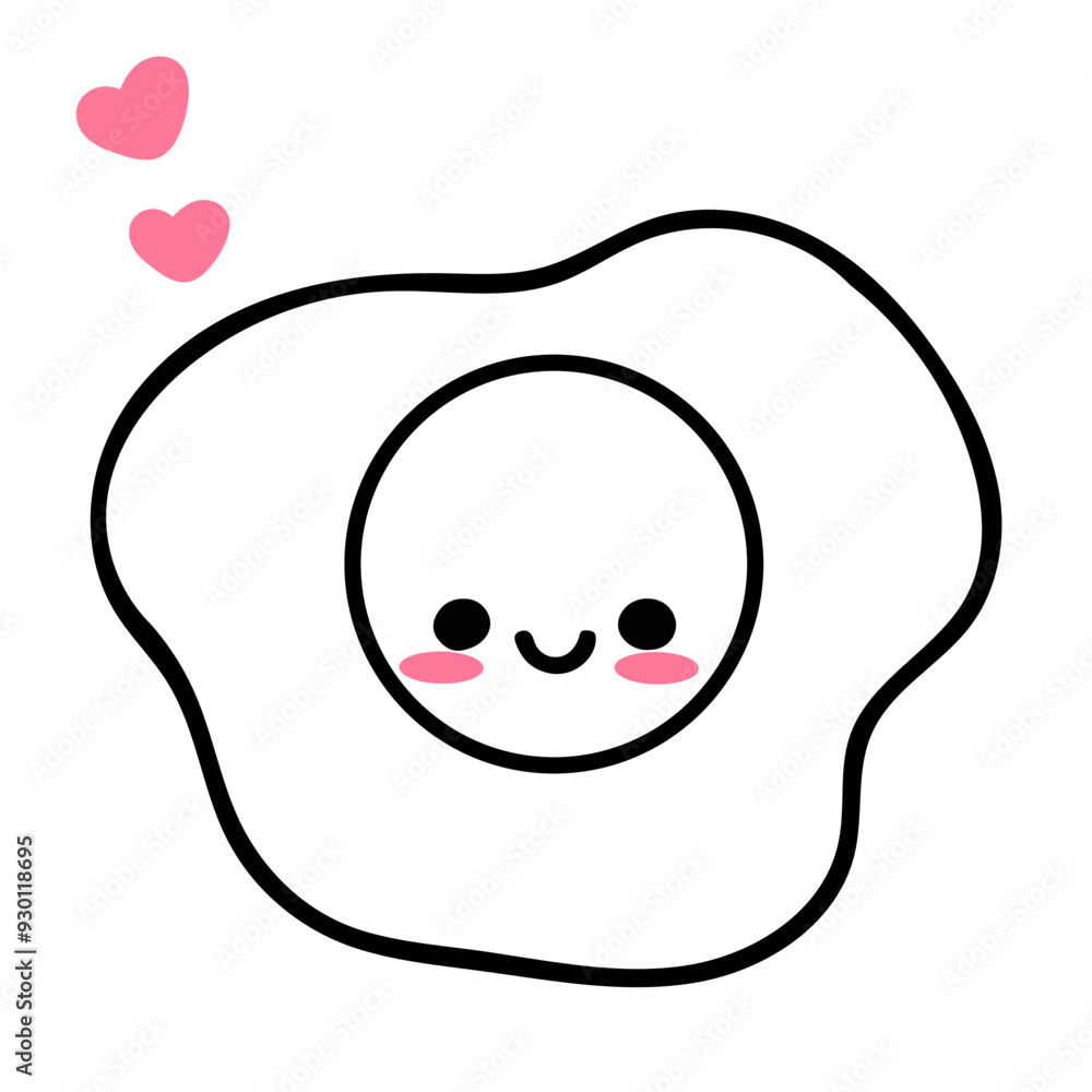 A cute pink and black cartoon fried egg with a smiling face and pink hearts floating around it