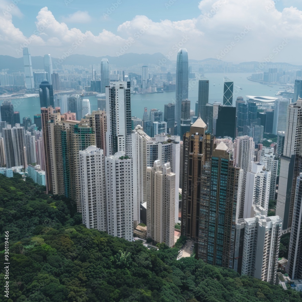 Obraz premium A vibrant cityscape of Hong Kong with green trees, high-rise buildings, and a sea backdrop. Cloudy sky suggests possible rain. No clear logos or river visible.