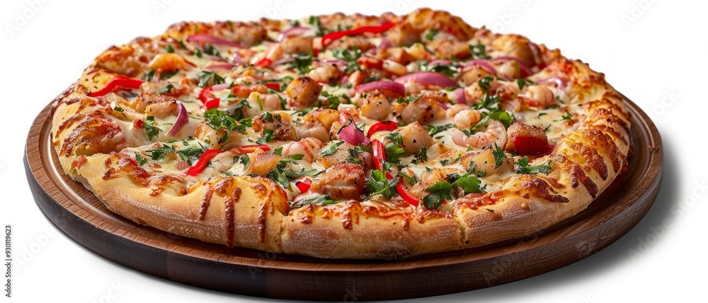 Freshly baked shrimp pizza on wooden plate. Generously topped with cheese, shrimp, red onion, & herbs. Rustic presentation with golden grilled crust. Freshly baked shrimp pizza on wooden plate. Generously topped with cheese, shrimp, red onion, & herbs. Rustic presentation with golden grilled crust.