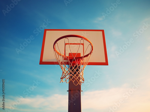 Bright blue sky behind a basketball hoop