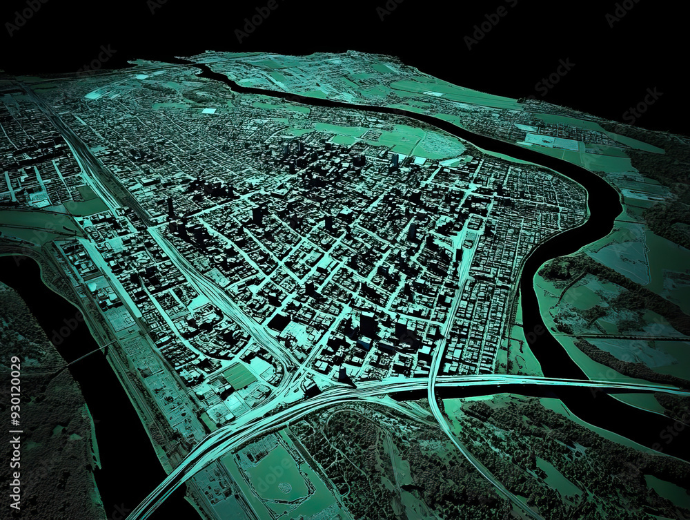Technical aerial visual, 3D LiDAR GIS aerial map satellite scan model ...