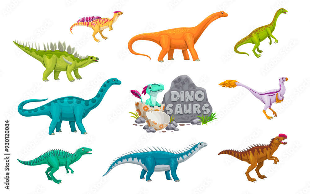 Cartoon dinosaur characters and cute baby dino in egg, vector funny jurassic animals of prehistoric jungle forest. Funny kentrosaurus, wannanosaurus, monolophosaurus and datousaurus personages set Cartoon dinosaur characters and cute baby dino in egg, vector funny jurassic animals of prehistoric jungle forest. Funny kentrosaurus, wannanosaurus, monolophosaurus and datousaurus personages set