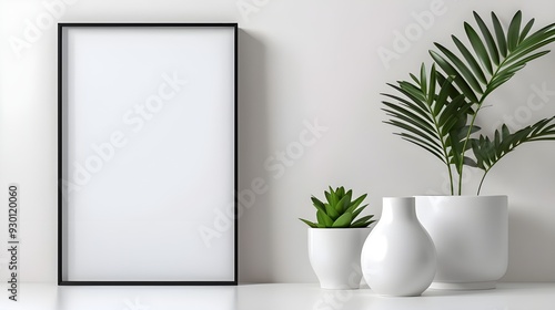 a little vertical picture frame on a kitchen counter in a quaint, modern kitchen, with a white poster propped up against the wall,