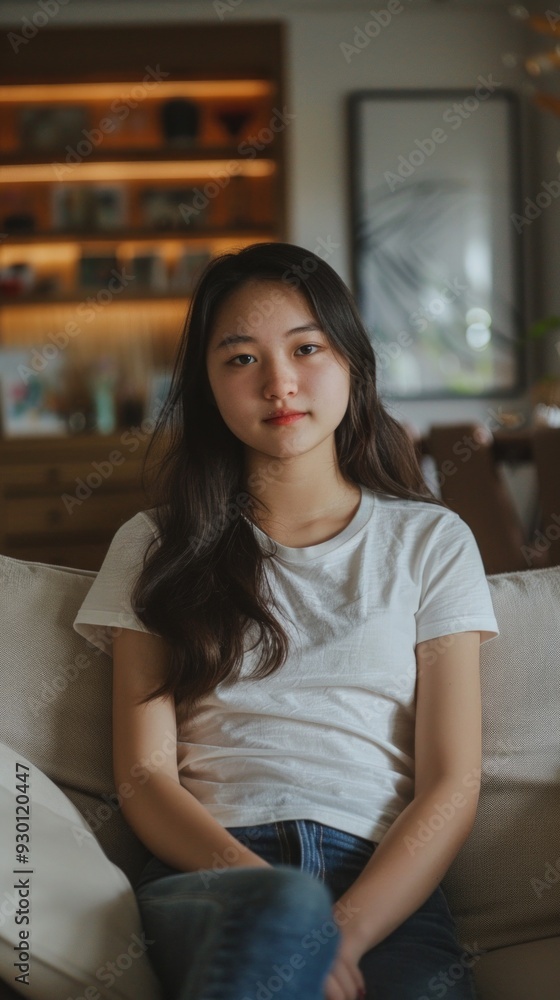 A poised Asian girl in casual attire sits on a couch in a cozy living room, exuding calm confidence and warmth through her serene expression and engaging gaze. A poised Asian girl in casual attire sits on a couch in a cozy living room, exuding calm confidence and warmth through her serene expression and engaging gaze.