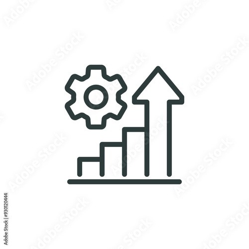 Outline icon increase productivity, manufacturing analyse, capacity process, efficient grow. Line sign graph, gear and arrow. Vector isolated pictograms for web on white background editable stroke.