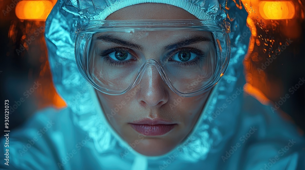 Biotech facility worker in cleanroom wearing protective gear in the pharmaceutical industry. Concept Biotech, Cleanroom, Protective Gear, Pharmaceuticals, Pharmaceutical Industry Biotech facility worker in cleanroom wearing protective gear in the pharmaceutical industry. Concept Biotech, Cleanroom, Protective Gear, Pharmaceuticals, Pharmaceutical Industry