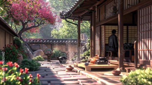 Design a 3D scene of a samurai in a traditional tea house, capturing the cultural aspect of his life and the intricate details of the setting.