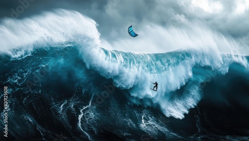 Kite surfer rides giant wave with blue kite.