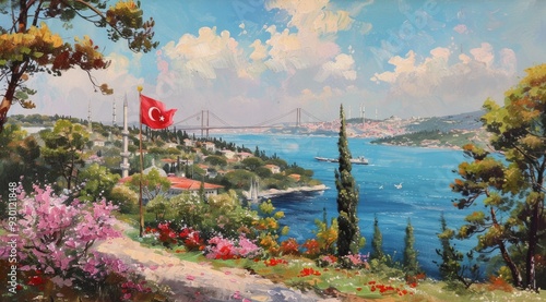 The view of the sea among the greenery.
Turkish flag and sea. A good option for vacation photo