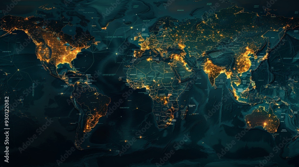 Design a detailed world map focused on global energy production, marking locations of power plants and renewable energy sources. Design a detailed world map focused on global energy production, marking locations of power plants and renewable energy sources.