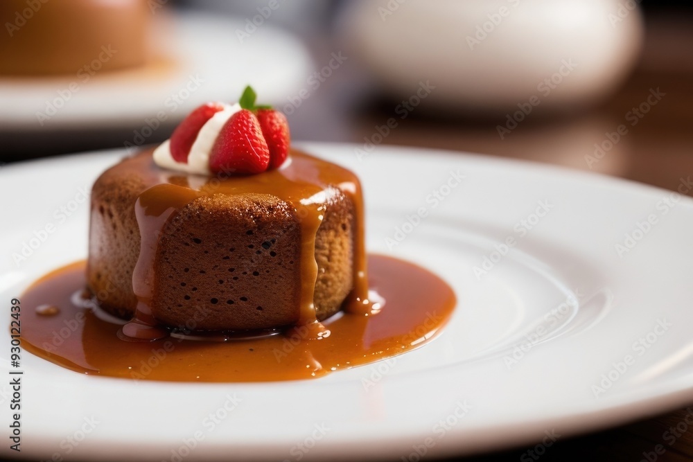 Toffee Pudding on a plate over a blurry background Toffee Pudding on a plate over a blurry background