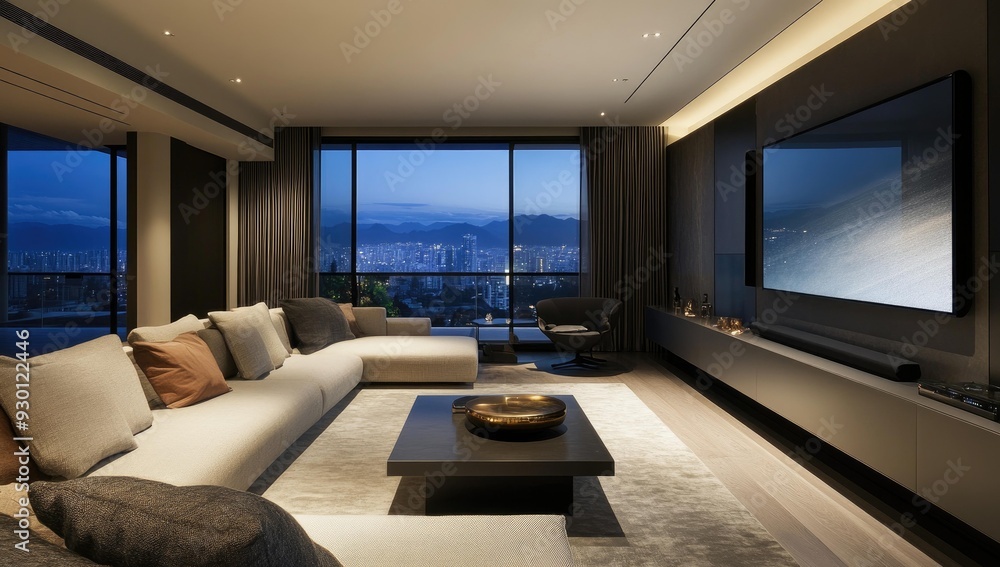 Modern living room with city view and a TV. Modern living room with city view and a TV.