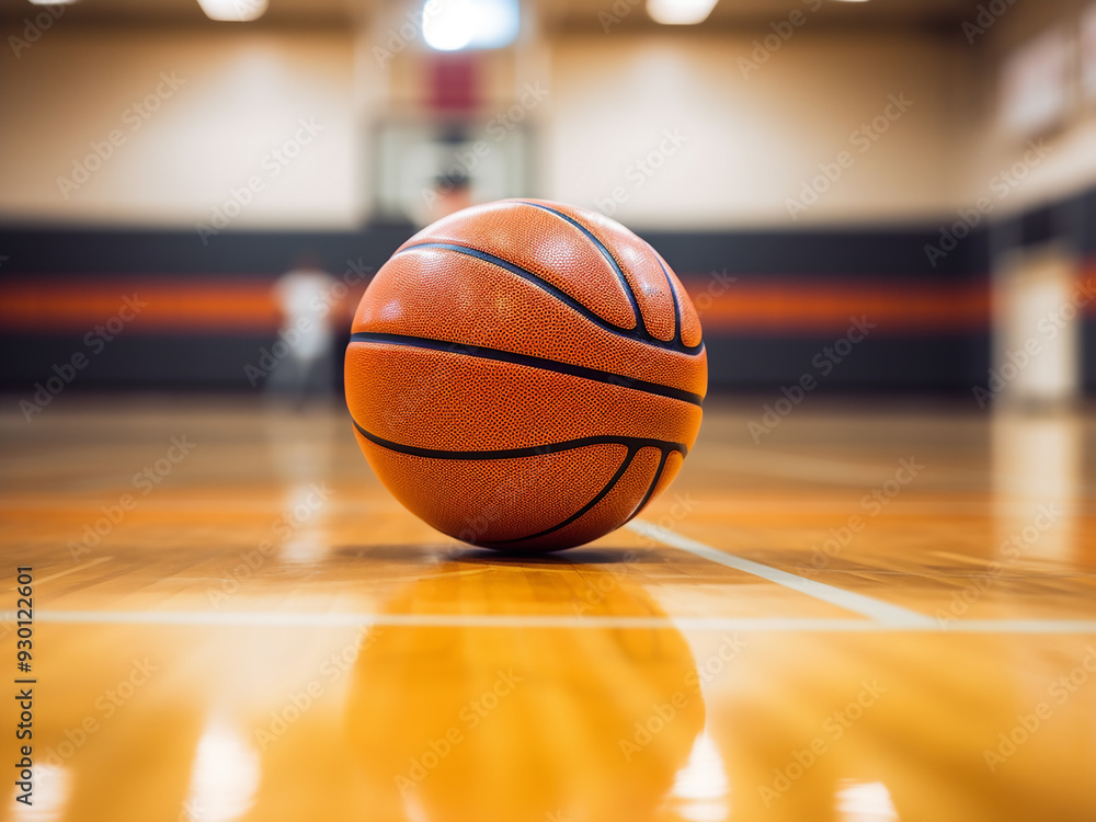 Obraz premium Basketball on court floor, close-up with a blurred sports arena backdrop