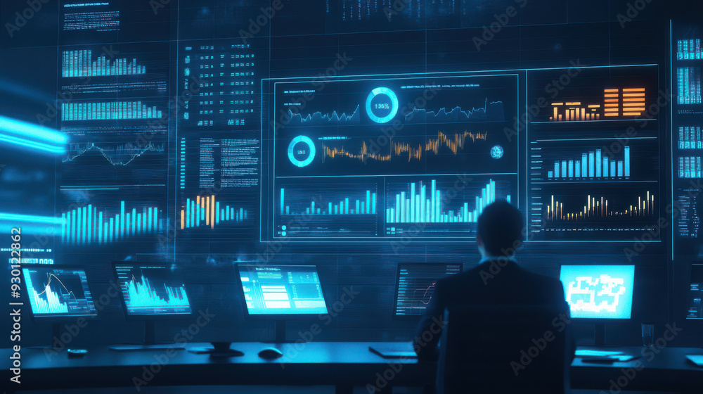 Financial expert conducting a data analyzing meeting on a webinar, with detailed charts and graphs displayed on the screen Financial expert conducting a data analyzing meeting on a webinar, with detailed charts and graphs displayed on the screen