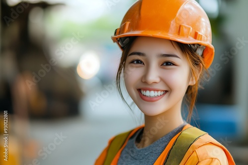 Smiling asian young female construction builder apprentice student working on tradesman apprenticeship course