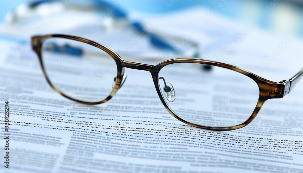 Eyeglasses laying on top of documents with stethoscope out of focus in background Eyeglasses laying on top of documents with stethoscope out of focus in background