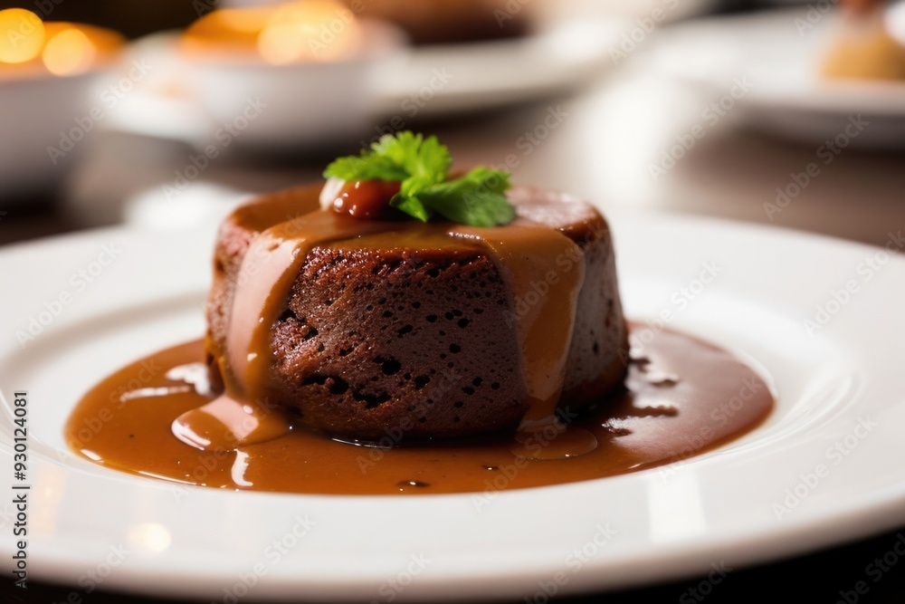 Toffee Pudding on a plate over a blurry background Toffee Pudding on a plate over a blurry background